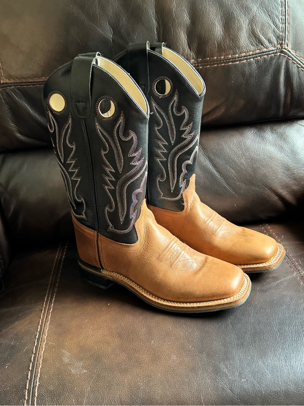 Old West Kids Two-Tone Cowboy Boots - Black Shaft, Brown Foot